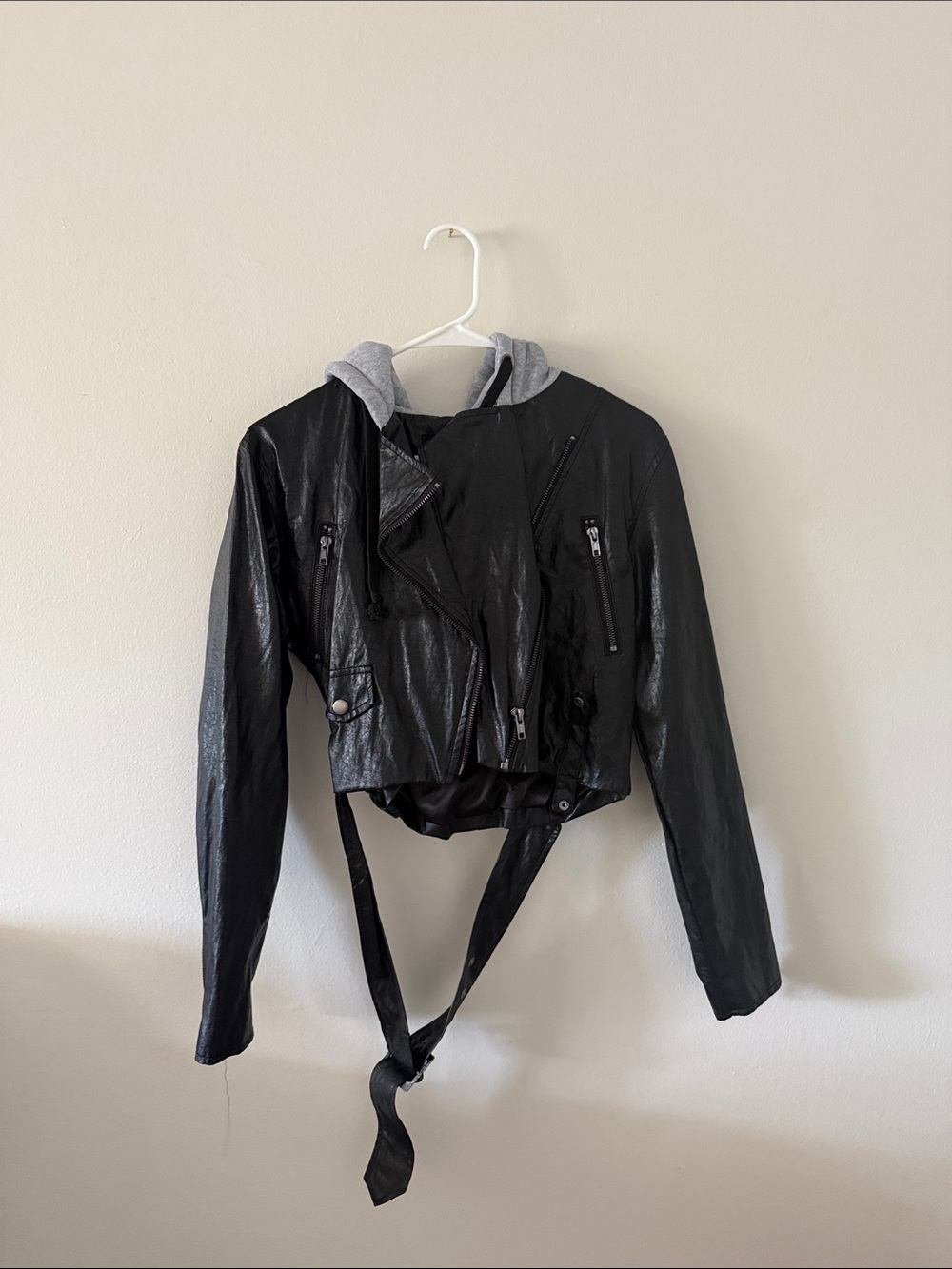 Forever 21 Black Faux Leather Hooded Belted Moto Jacket